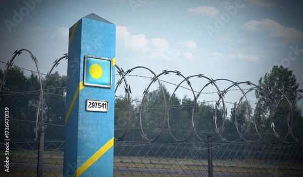 Fototapeta Border post with flag of Palau - 3D illustration
