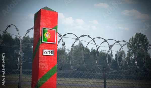 Fototapeta Border post with flag of Portugal - 3D illustration
