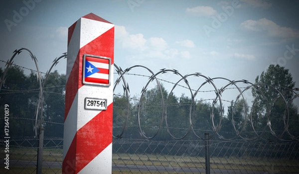 Fototapeta Border post with flag of Puerto Rico - 3D illustration