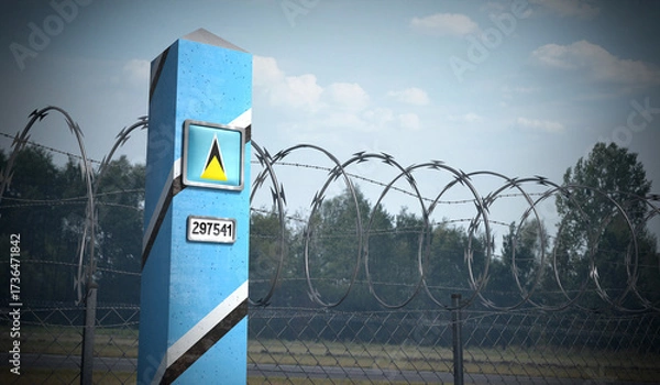 Fototapeta Border post with flag of Saint Lucia - 3D illustration