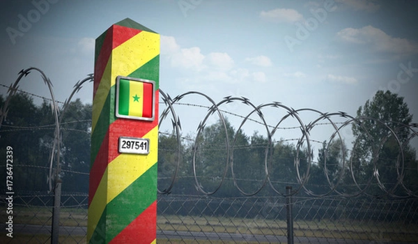 Fototapeta Border post with flag of Senegal - 3D illustration