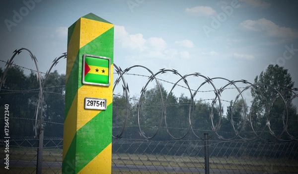 Fototapeta Border post with flag of Sao Tome and Principe - 3D illustration
