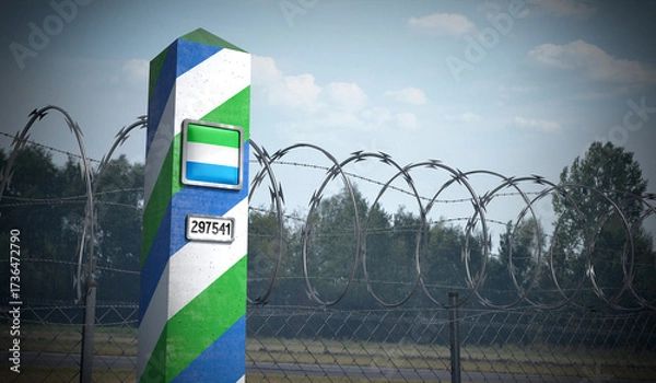 Fototapeta Border post with flag of Sierra Leone - 3D illustration