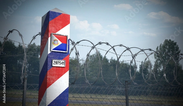 Fototapeta Border post with flag of Sint Maarten - 3D illustration