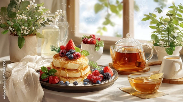 Fototapeta Pancakes topped with fresh berries, honey, and tea, surrounded by light greenery and a bright, sunny kitchen setting