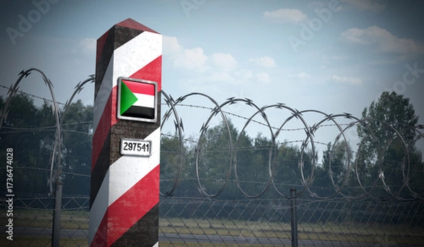 Fototapeta Border post with flag of Sudan - 3D illustration
