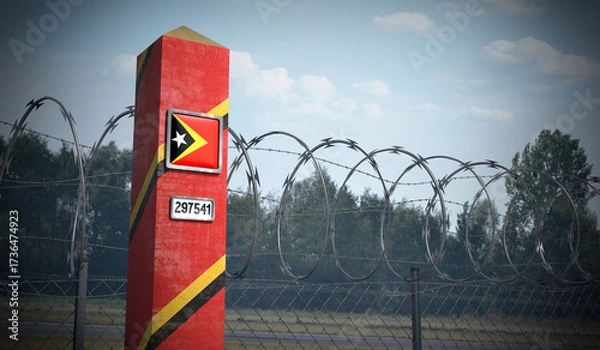 Fototapeta Border post with flag of East Timor - 3D illustration