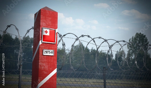 Fototapeta Border post with flag of Tonga - 3D illustration