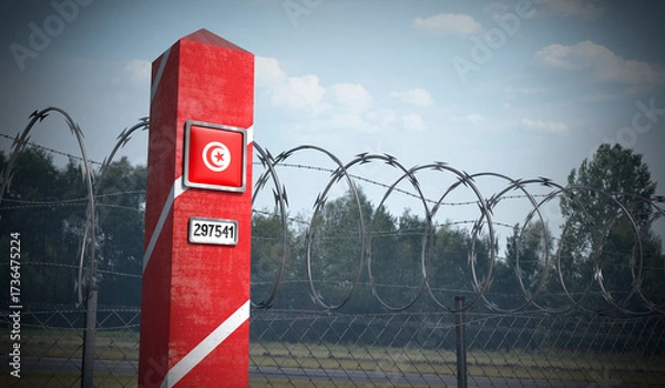 Fototapeta Border post with flag of Tunisia - 3D illustration