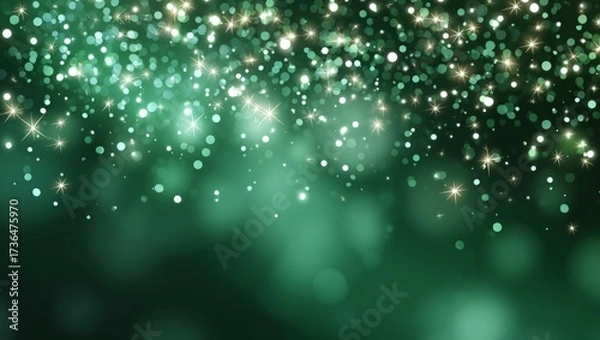Fototapeta Shimmering Emerald Splendor:  An enchanting, ethereal display of sparkling emerald lights, creating a festive ambiance with bokeh effects and twinkling stars, casting a glow of magic and mystery.