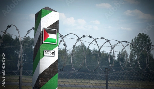 Fototapeta Border post with flag of Palestine - 3D illustration