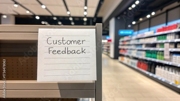 Obraz Omnichannel retail enhances customer experience. A sign for customer feedback in a modern store aisle with products visible on shelves.