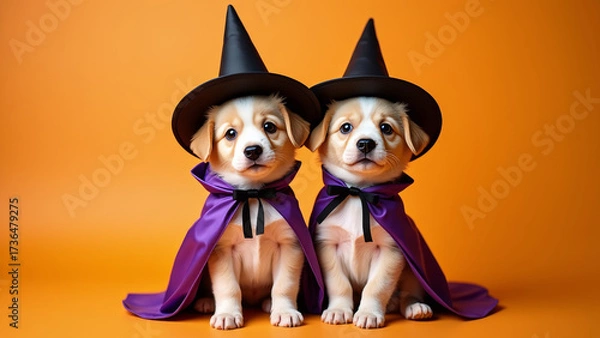 Fototapeta Two puppies in tiny witch hats and purple capes sitting together with playful faces on orange background halloween pets friendship portrait