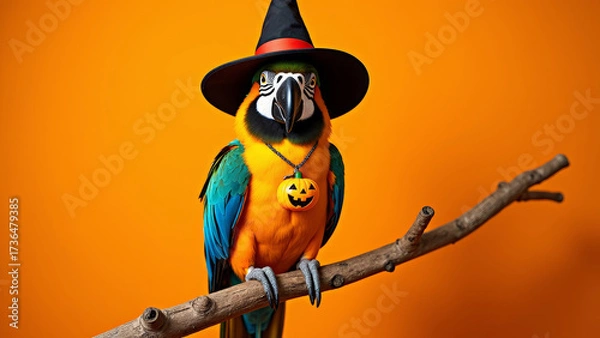 Fototapeta Macaw parrot with tiny witch hat and pumpkin necklace sitting on branch orange background halloween exotic pet portrait vibrant studio composition