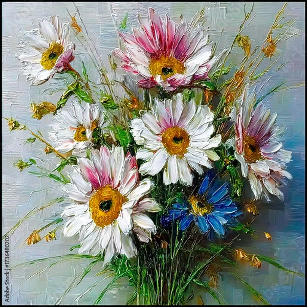 Fototapeta A realistic oil painting depicting a bouquet of white daisies, with voluminous petals painted with a palette knife.