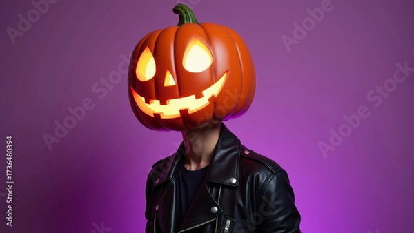 Fototapeta Surreal halloween man wearing oversized glowing pumpkin mask and black leather jacket on gradient purple background mysterious studio portrait