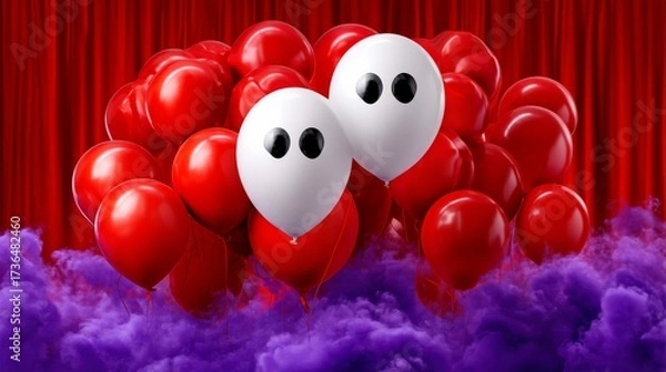 Fototapeta Cluster of Red Balloons with White Ghost Balloons Against Dramatic Red and Purple Background