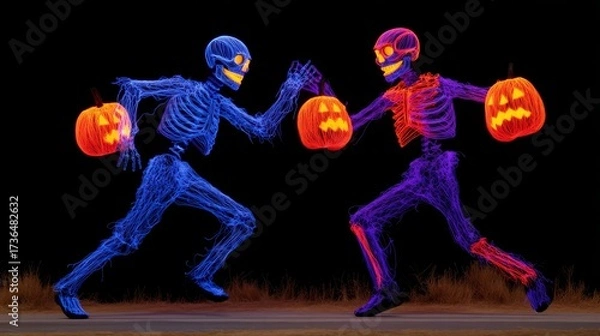 Fototapeta Dynamic Electric Skeleton Figures Dancing with Glowing Pumpkins Under Blacklight