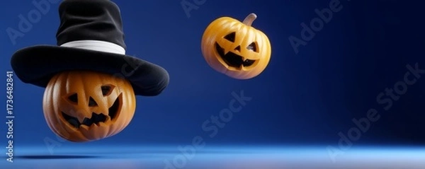 Fototapeta Floating Jack-O-Lanterns and Vampire Hat in a Dark Atmosphere for Halloween Celebration
