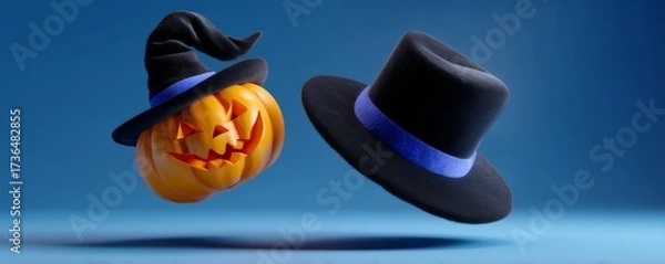 Fototapeta Floating Halloween Vampire Hat and Glowing Jack-o-Lantern Against a Blue Background