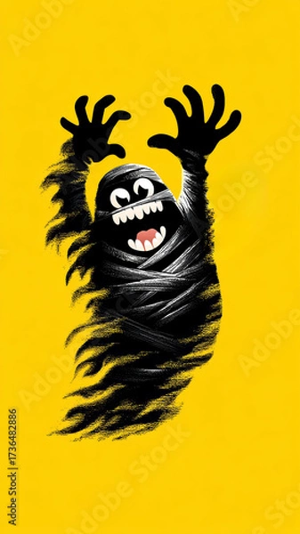 Fototapeta Friendly Ghost Character with Raised Hands on Pale Lemon Yellow Background