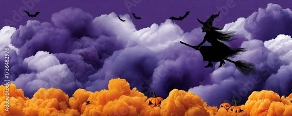 Fototapeta Silhouette of a Flying Witch on a Broom Over Colorful Clouds at Twilight with Halloween Elements
