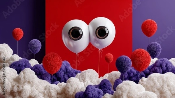 Fototapeta Surreal Floating Eyes and Ghostly Balloons Surrounded by Colorful Clouds in Red and Purple Hues