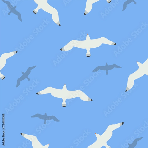 Obraz Seamless pattern with flying seagulls on blue sky or water surface background