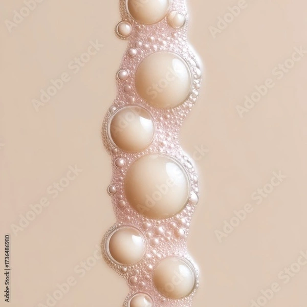 Fototapeta Macro view of glossy skincare serum bubbles on beige liquid background