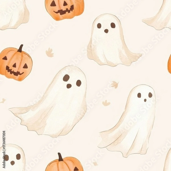 Fototapeta Seamless Halloween pattern featuring watercolor ghosts and jack lantern pumpkins on a light background, perfect for festive designs.