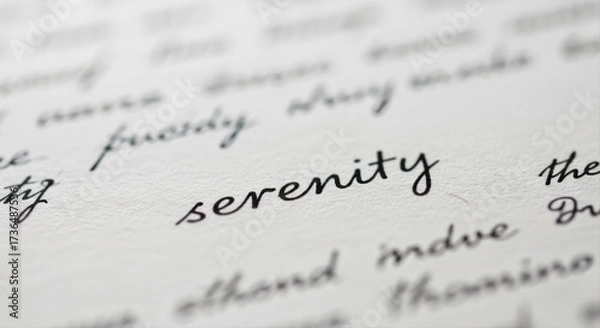 Fototapeta A close up shot of the word serenity written in cursive on a white piece of paper