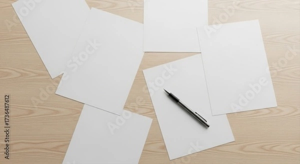 Fototapeta Scattered white papers and a pen on a light wooden surface creating a simple scene