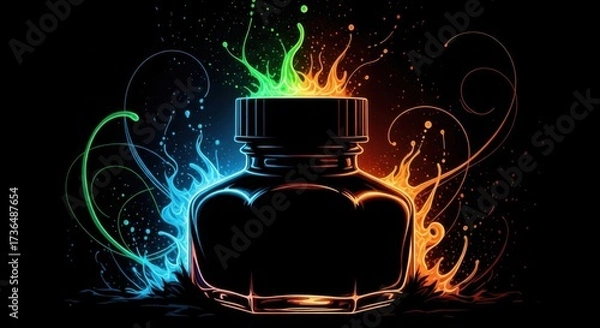 Fototapeta A black bottle with neon outlines and colorful splashes on a dark background artful design