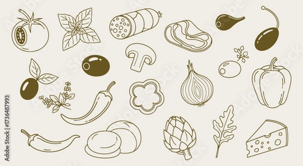 Fototapeta Pizza. Ingredients. Italian Food. A hand drawn vector doodle set of classic pizza and pasta toppings for a pizzeria menu, a recipe book, a food blog, or a restaurant's branding design.