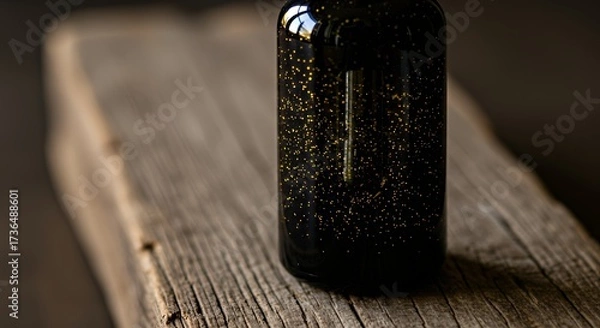 Obraz Black Glass Bottle with Golden Glitter on Rustic Wooden Surface