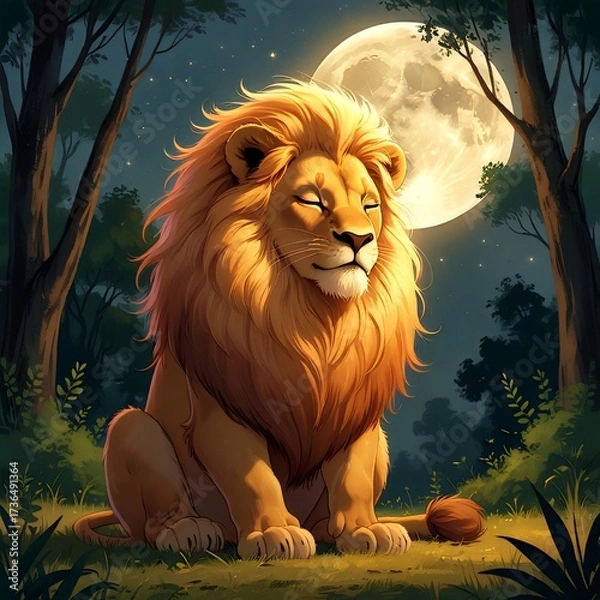 Fototapeta  A gentle lion sitting calmly in the clearing, humming softly instead of roaring. His eyes look kind and peaceful, with moonlight shining on his mane. lion in the woods.