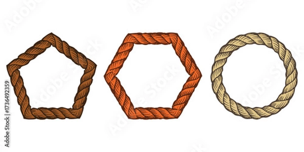 Fototapeta Rope. Frame. Geometric. A rustic vector set of three geometric frames made of rope for a nautical-themed logo, a western-style award, or a decorative branding design element pack.