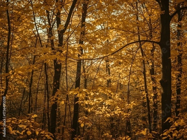 Fototapeta Golden Autumn Forest with Sunlit Leaves