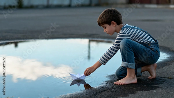 Fototapeta A barefoot boy in a striped shirt launches a paper boat in a puddle reflecting the sky. A nostalgic concept of childhood, imagination, and simple pleasures.