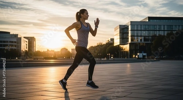 Obraz Dynamic Female Runner in Urban Park at Sunset