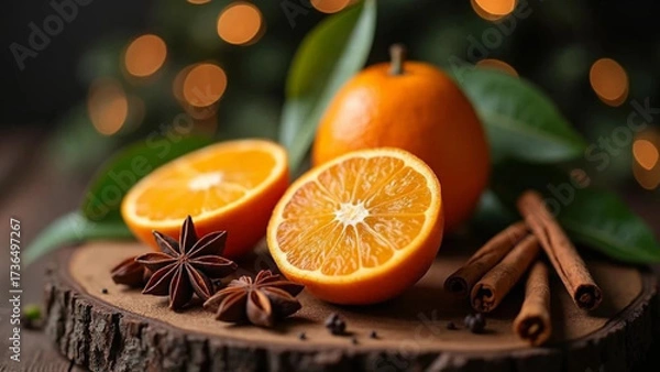 Fototapeta Fresh oranges with cinnamon sticks and anise. 