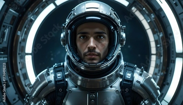 Fototapeta Man in sleek silver space gear inside an airlock with the dark cosmos beyond.