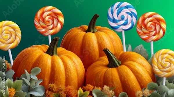 Fototapeta Colorful Halloween Pumpkins Surrounded by Vibrant Lollipops on a Green Gradient Background