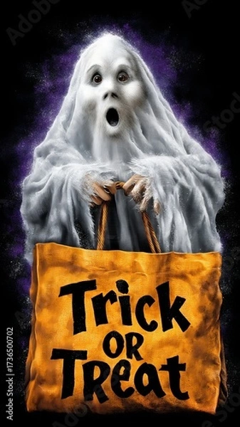 Fototapeta Ghost Emerging From Trick Or Treat Bag With Surprised Expression Against Dark Mystical Background