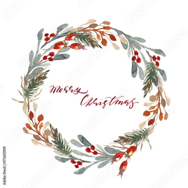 Fototapeta Christmas wreath with coniferous branches and berries. The handwritten inscription "Merry Christmas". Watercolor illustration