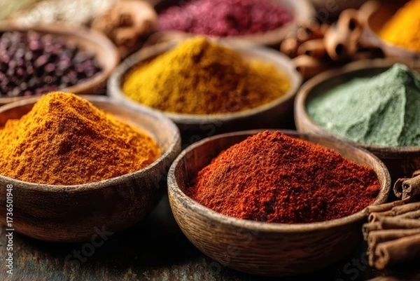 Fototapeta Colorful Spices in Wooden Bowls on Dark Rustic Table