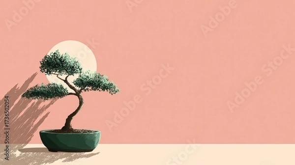 Fototapeta Serene Bonsai Tree Silhouetted Against Soft Peach Background