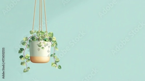 Fototapeta Stylish Hanging Planter with Lush Green Foliage Against Soft Wall
