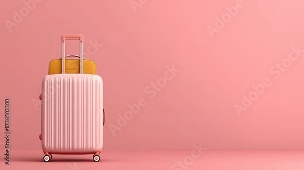 Fototapeta Stylish Pink Suitcase with Yellow Bag on Pink Background Display