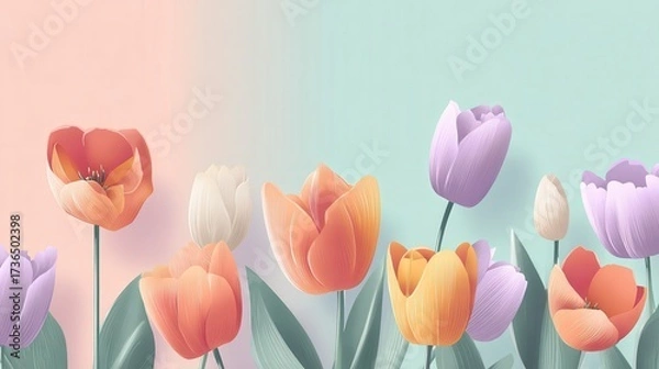 Fototapeta Vibrant Tulips Against Soft Pastel Backgrounds in Floral Display